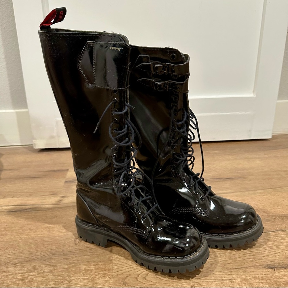 Underground Tall Black Patent Combat Boots with Buckles Women’s Size UK 6